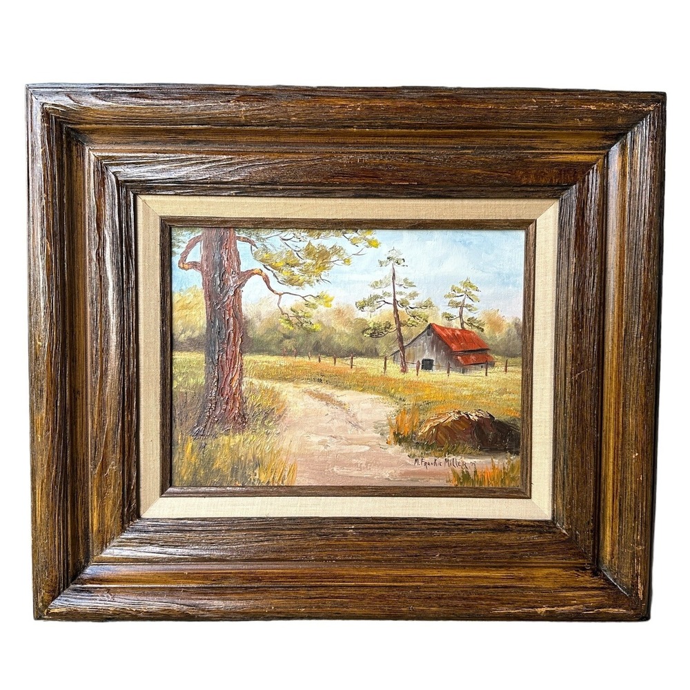 VTG Original Oil Painting 20x17 Inch Rustic Red Barn Country Road Signed‎ Framed
